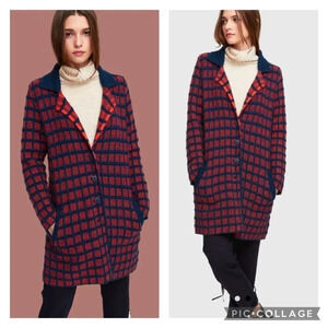 Aldomartins Collared Windowpane Check Knit Wool Blend Sweater Coat Red 14 Kanda